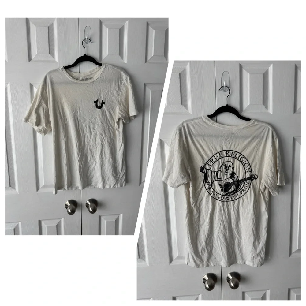 True Religion Off White Cream Cotton Graphic Tee Black Horseshoe & Buddha Print